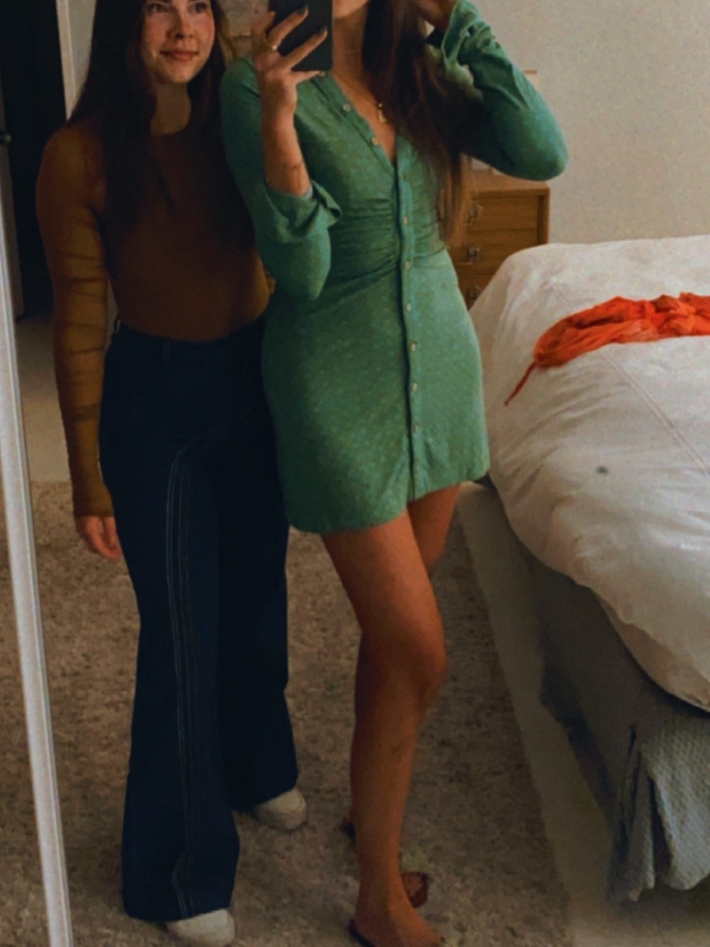 Green FP button down mini dress